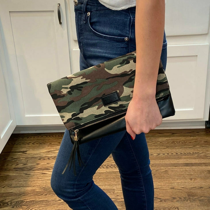 Fold Over Clutch - Camo & Black with Red Lining