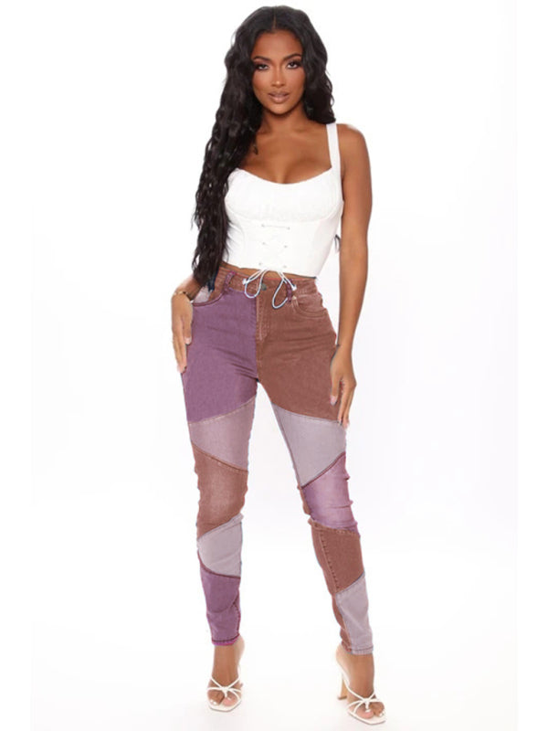 Women's Two-color Stitching High Waist Skinny Jeans