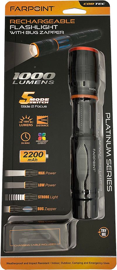 Rechargeable Weatherproof 1000  Lumens Flashlight with Bug Zapper