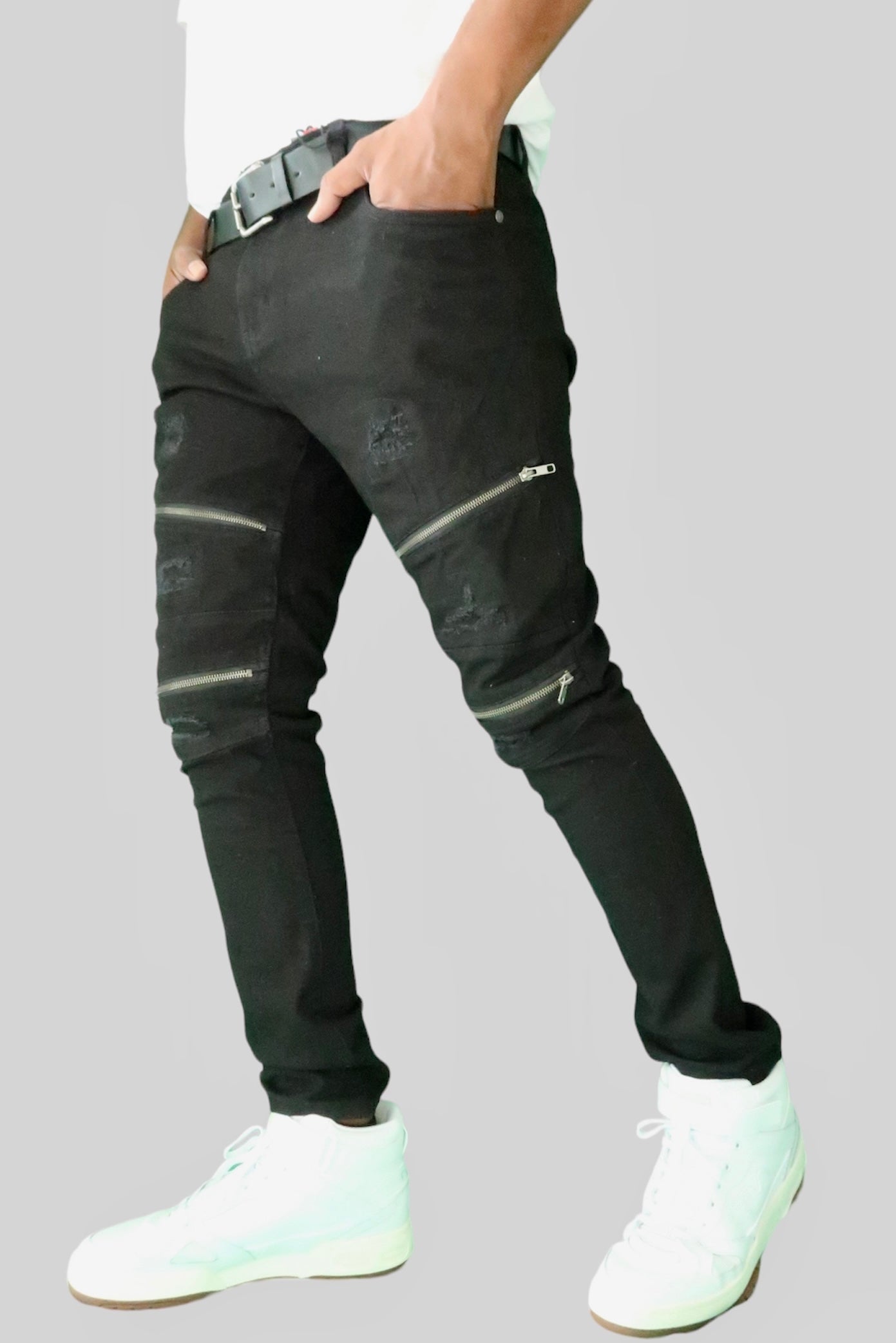 Fashion Bull Denim Pants with Zippers (Black)