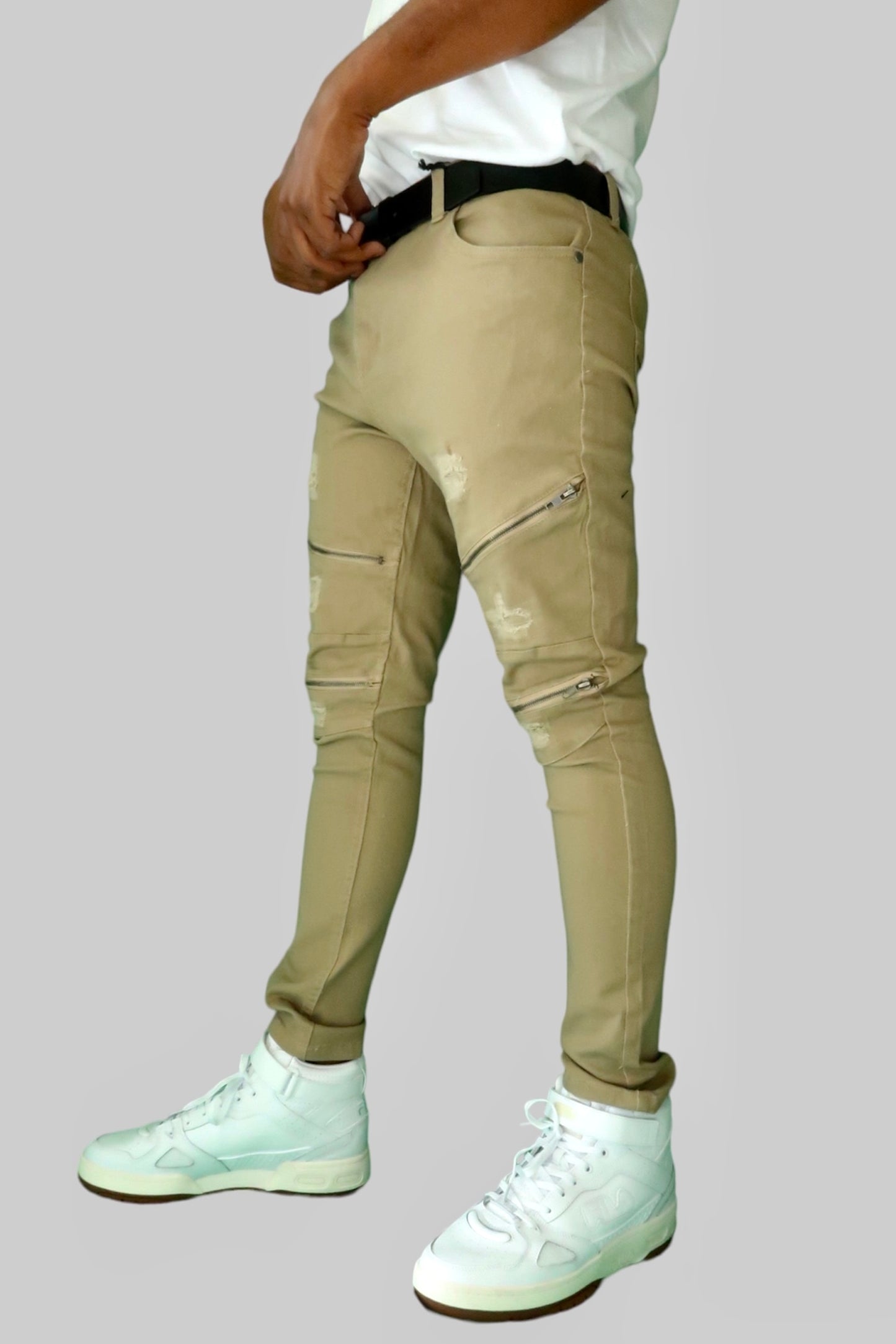 Fashion Bull Denim Pants with Zippers (Khaki)