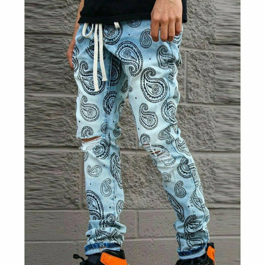 Men's Paisley Graphic Print Ripped Jeans