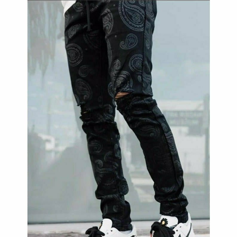 Men's Paisley Graphic Print Ripped Jeans
