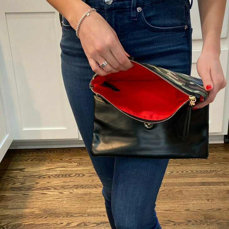 Fold Over Clutch - Camo & Black with Red Lining
