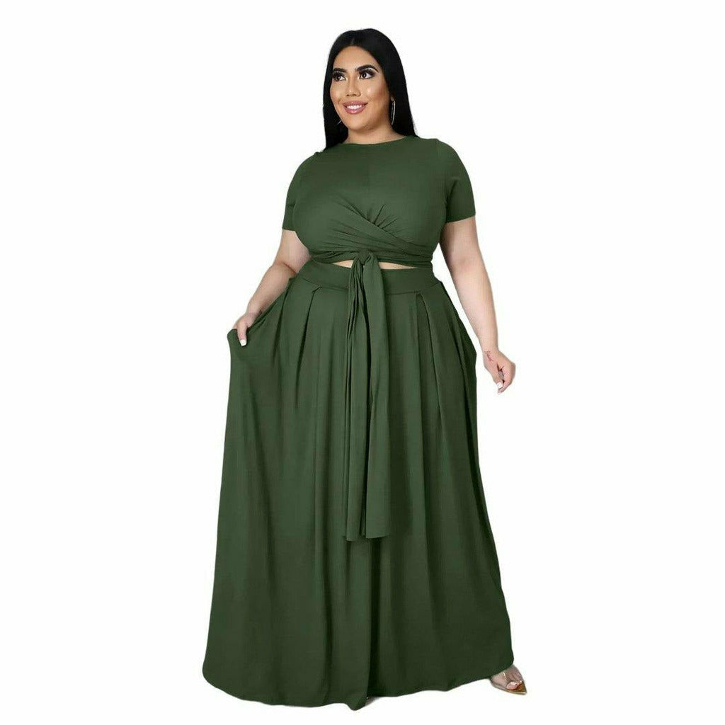 Plus Size Women's Solid Color Cross Lace-up Top With Large Swing Skirt Two-Piece Set - Playmaker Fashion