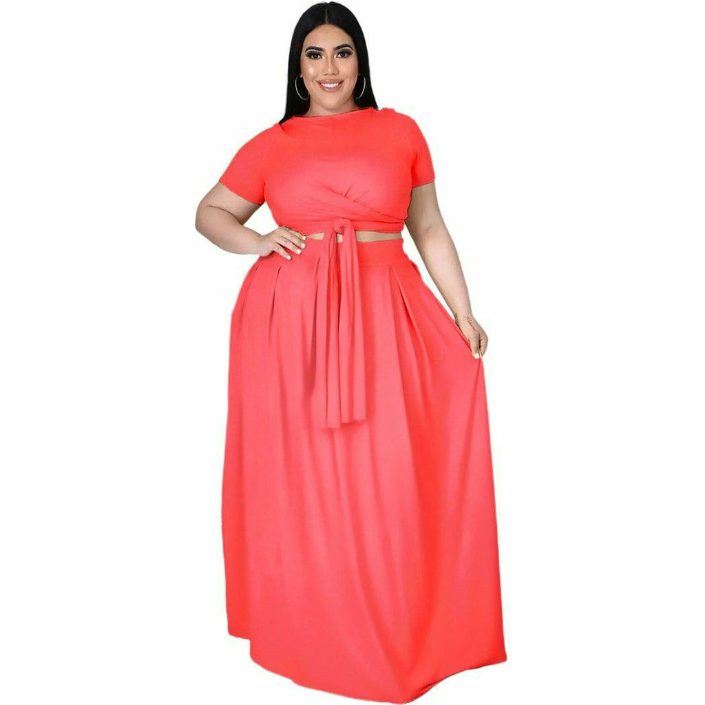 Plus Size Women's Solid Color Cross Lace-up Top With Large Swing Skirt Two-Piece Set - Playmaker Fashion