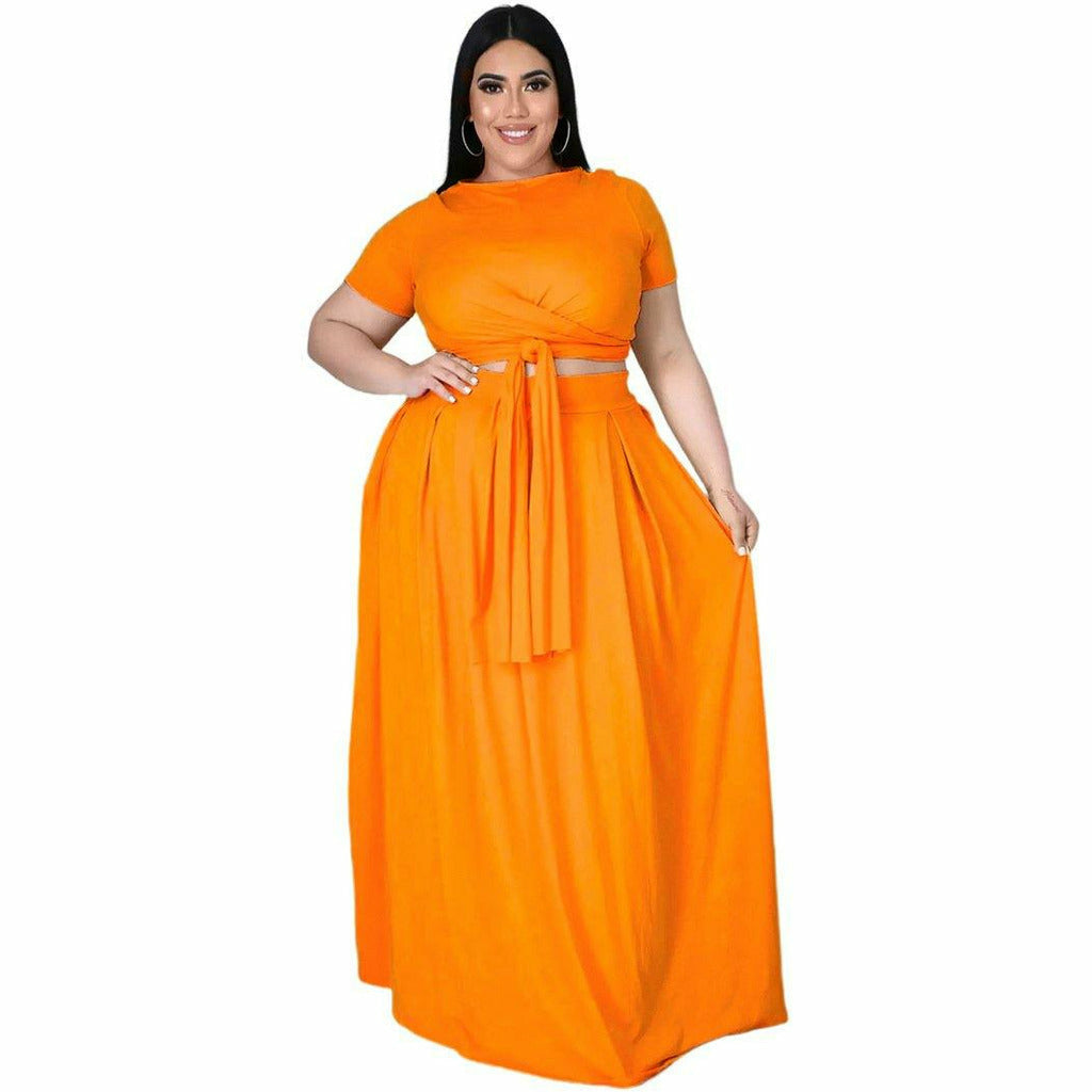 Plus Size Women's Solid Color Cross Lace-up Top With Large Swing Skirt Two-Piece Set - Playmaker Fashion