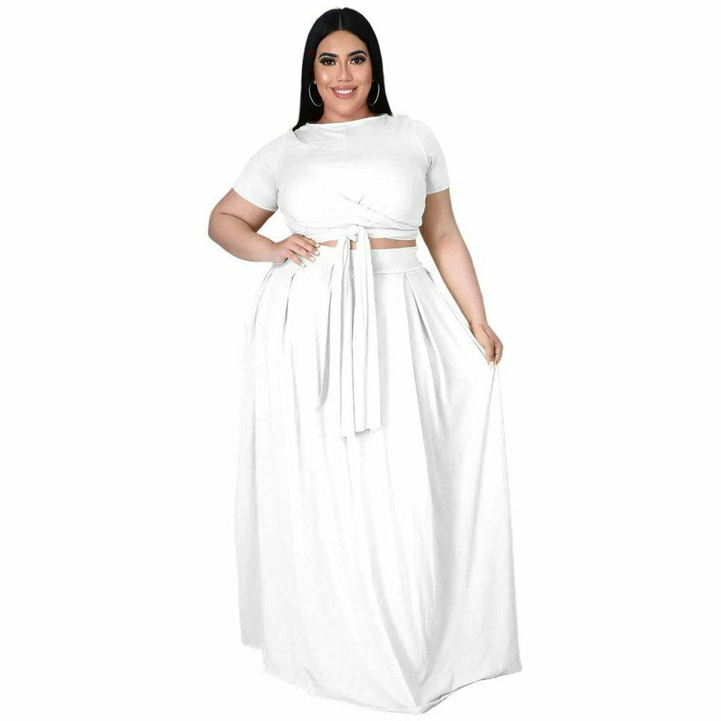 Plus Size Women's Solid Color Cross Lace-up Top With Large Swing Skirt Two-Piece Set - Playmaker Fashion