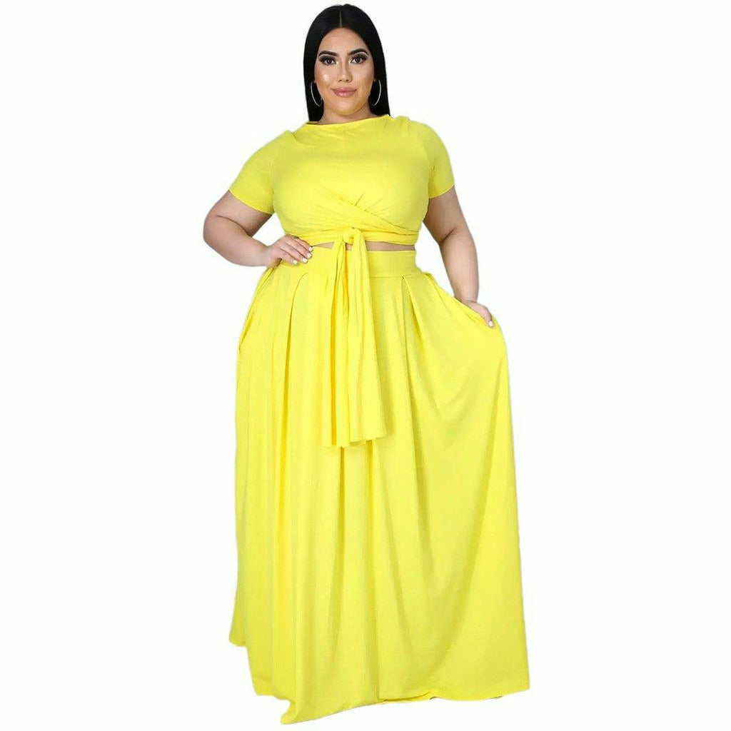 Plus Size Women's Solid Color Cross Lace-up Top With Large Swing Skirt Two-Piece Set - Playmaker Fashion