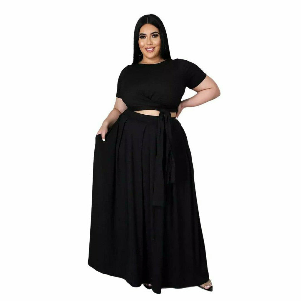 Plus Size Women's Solid Color Cross Lace-up Top With Large Swing Skirt Two-Piece Set - Playmaker Fashion