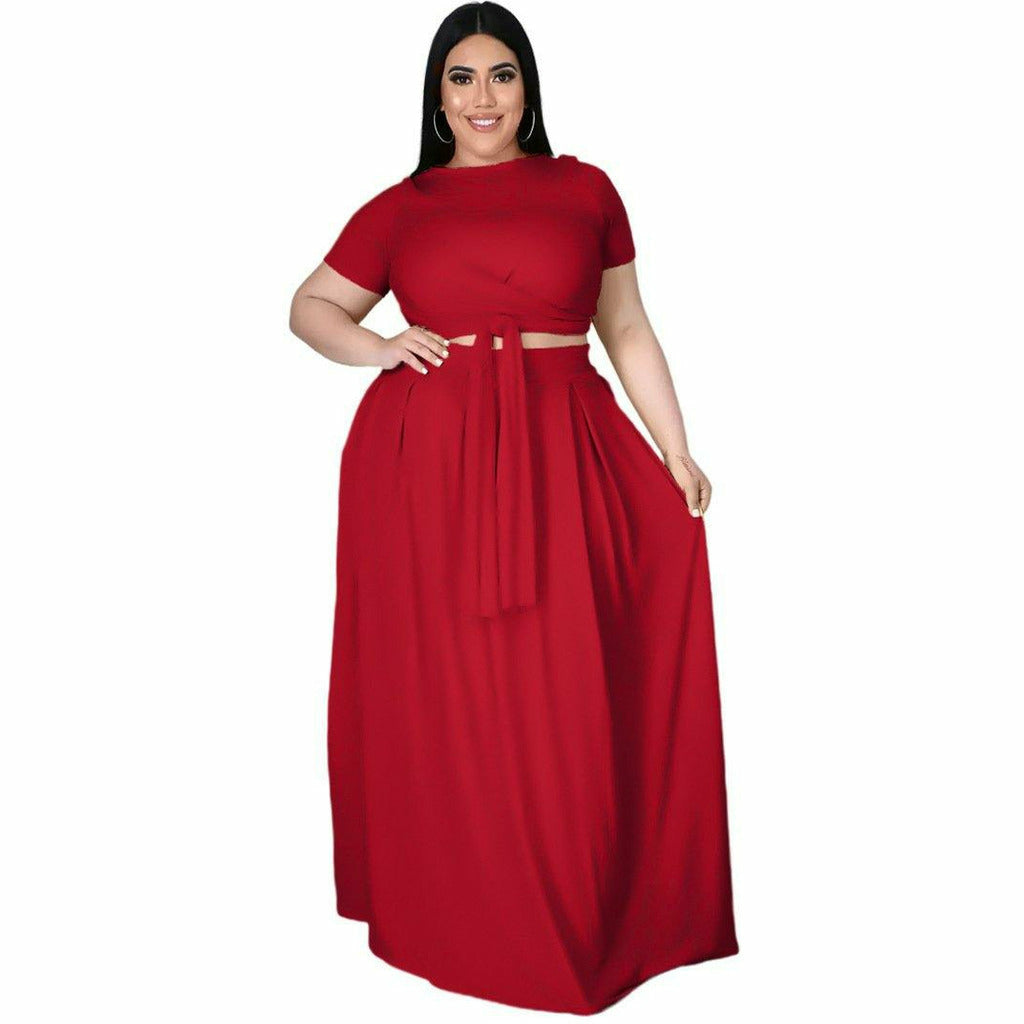 Plus Size Women's Solid Color Cross Lace-up Top With Large Swing Skirt Two-Piece Set - Playmaker Fashion